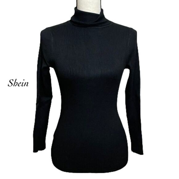 Shein Black Ribbed Lightweight Turtleneck Long Sleeve Bodycon Sweater Size S - Picture 1 of 7